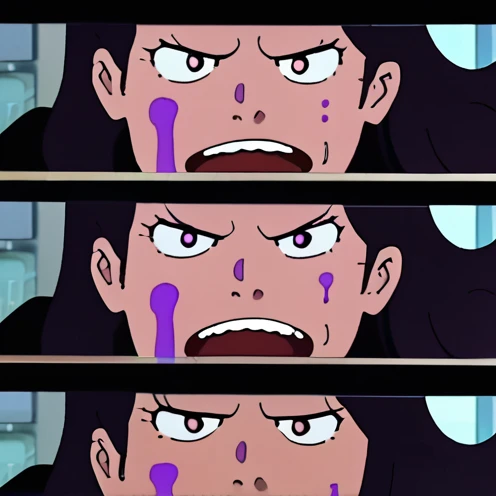 black hair, curly hair, medium hair, mole under mouth, purple eyes, devil pupils, sad, crying, screaming, modern