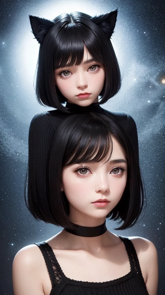 Delicate and dainty young woman with shiny bob-cut black hair and cat ears. She is wearing knitted sweater . The background is a fantastic and ethereal night sky that seems to be haunted by a specter. Her expression is stern and atmospheric.