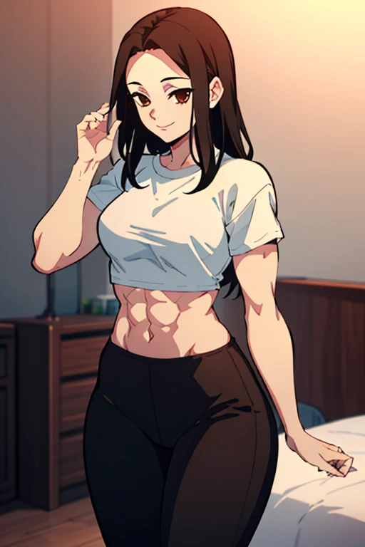 ((Best Quality)), ((masterpiece)), (detailed), 1 girl, long black hair, red locks, Brown eyes, medium large breasts, big thighs, muscular abdomen, flirty expression smiling, tight black cropped t-shirt, tight black athletic pants, at home