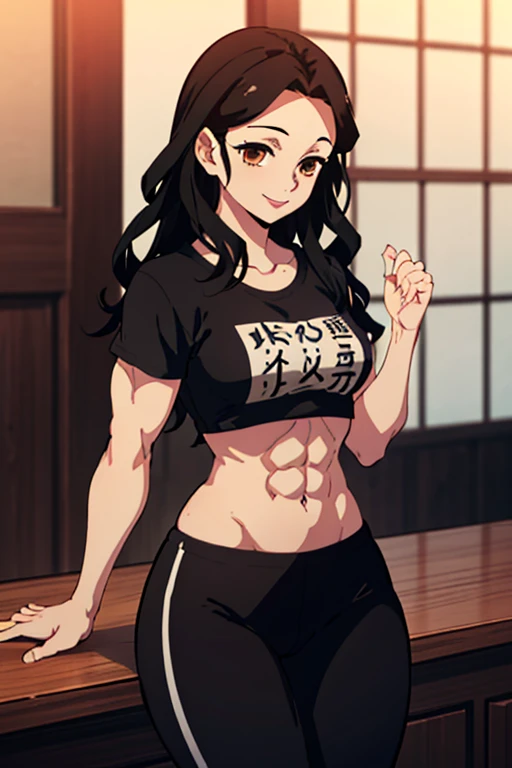 ((Best Quality)), ((masterpiece)), (detailed), 1 girl, long black hair, red locks, Brown eyes, medium large breasts, big thighs, muscular abdomen, flirty expression smiling, tight black cropped t-shirt, tight black athletic pants, at home