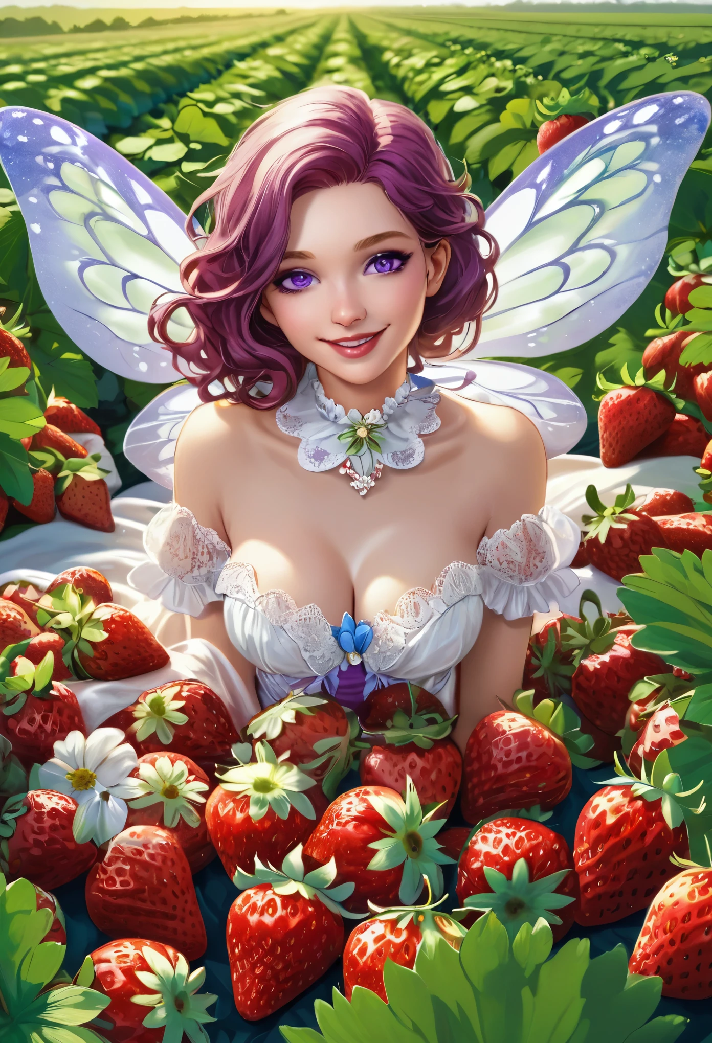 a portrait of a female fairy resting in a (field of strawberries: 1.3) extremely beautiful fairy, ((full body: 1.5)), ((anatomically correct: 1.5)), (ultra detailed face: 1.2),ultra feminine, busty, best detailed face, dynamic hair color, dynamic hair style dynamic skin complexion, shy smile, innocent smile, blue eyes, dark red lips, wearing ((white: 1.5)) lace dress, elegant dress, fairy dress, corset, dynamic elegant shirt, chocker, wearing high heels, spread large butterfly wings, (white and purple eyes: 1.3)in a (field of strawberries : 1.3), field of strawberries background, vibrant, Ultra-high resolution, High Contrast, (masterpiece:1.5), highest quality, Best aesthetics), best details, best quality, highres, 16k, (ultra detailed: 1.5), masterpiece, best quality, (extremely detailed) RAW, (ultra details, Masterpiece, best quality), Hyperrealism style,DonMF41ryW1ng5XL, ZipFile Comi Style