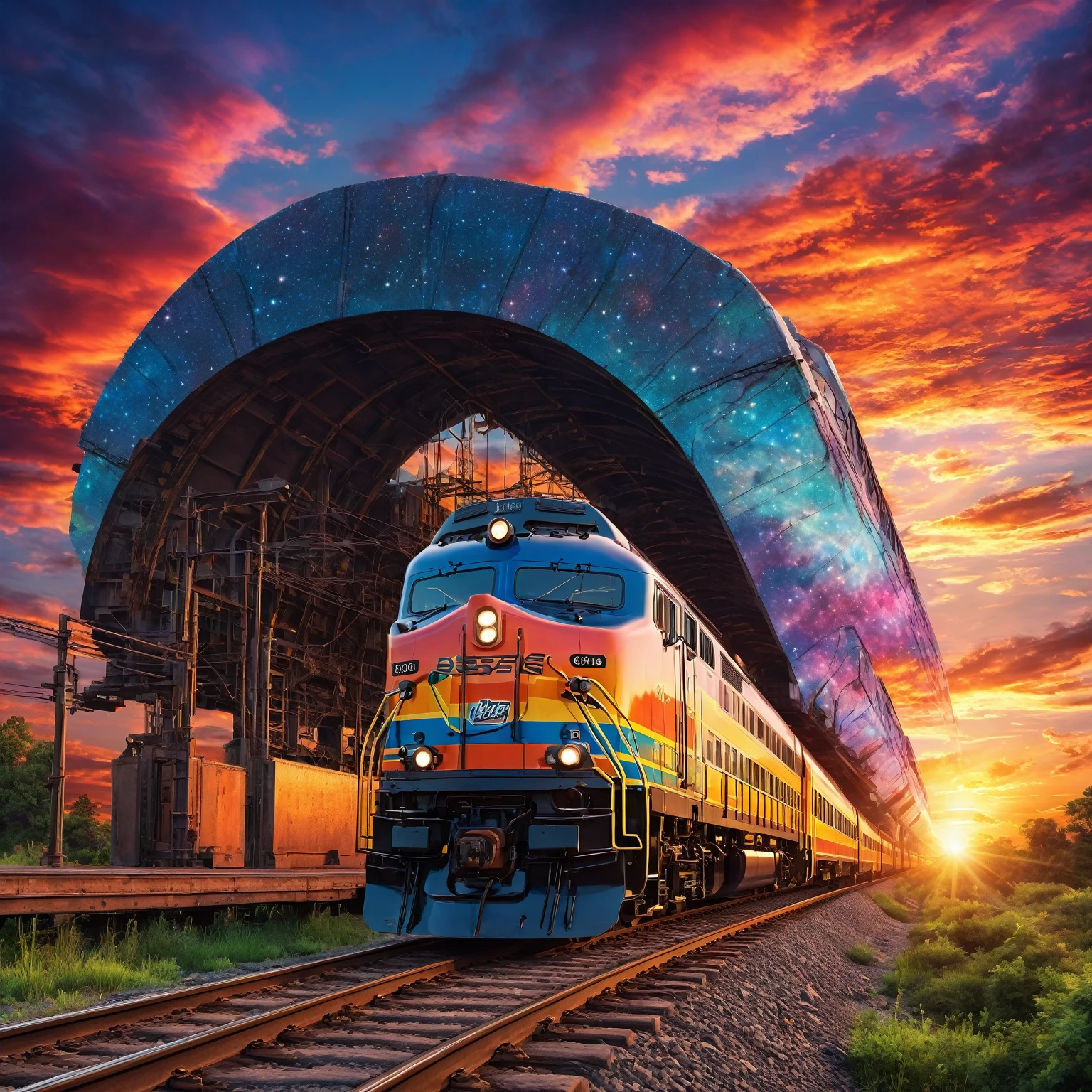 Superior frontal view of a realistic scene featuring a train passing under a vibrant sunset. The image captures a professional, trending aesthetic with elements of magical realism, highlighting a stunning scene of cosmic skies. High-resolution, photorealistic, background: celestial sunset