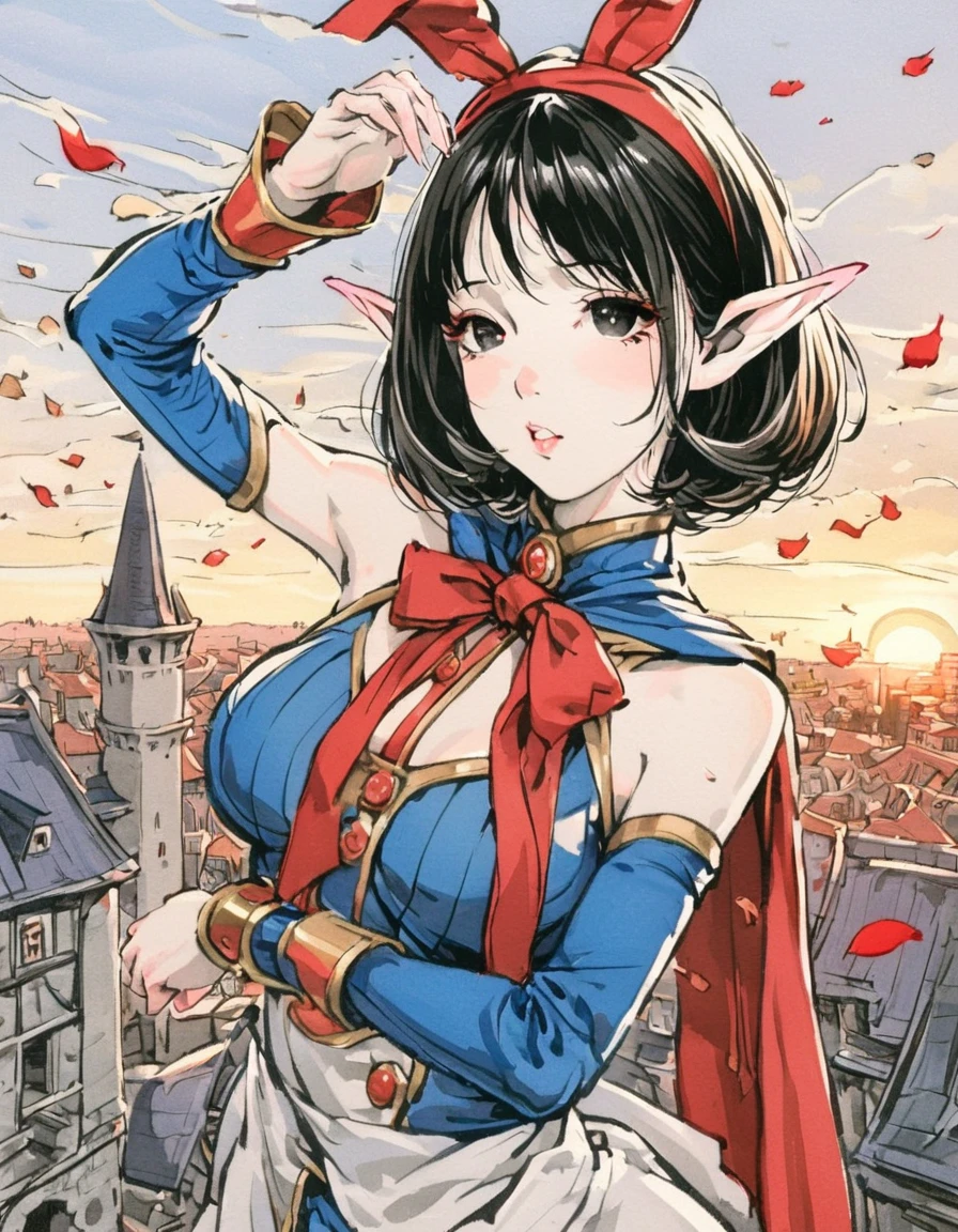 1 magician girl, expressive black eyes, elf ear, black short hair, dressed with a red drape, using his magic ,dancing pose ,black petals fall from the sky in big medieval city in sunset in background, detail richness, masterpiece, best quality, bust plan