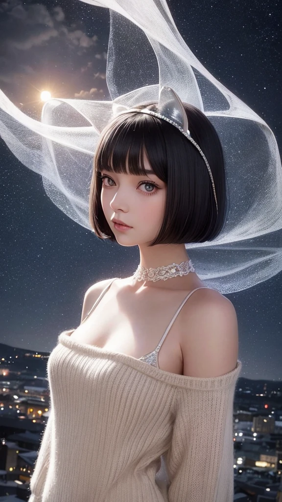 Delicate and dainty young woman with shiny bob-cut black hair and cat ears. She is wearing knitted sweater . The background is a fantastic and ethereal night sky that seems to be haunted by a specter. Her expression is stern and atmospheric. 10 years old