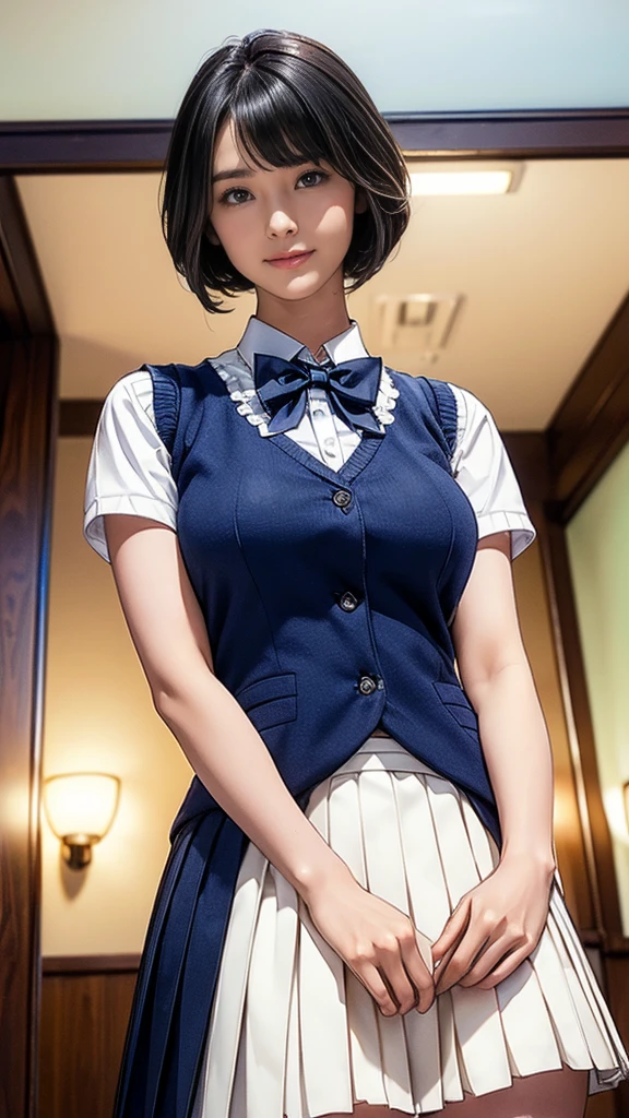(masterpiece、Highest quality:1.7)、(:1.5)、(Above the knee shot:1.5)、Bobcut、Black Hair、85mm、16K、Official Art、RAW Photos、Best Beautiful Faces、Close-up、Violet、Gardenia、((The best beautiful girl、very cute))、Red blush on cheeks、indoor、(Are standing:1.8)、Film Grain、Chromatic Aberration、Sharp Focus、(((Nice hands、Perfect hands、Perfect Fingers、Thin and delicate fingers、A perfect body without flaws)))、Detailed face、(Slender body:1.5)、(Slender body:1.4)、(Small breasts:1.7)、(Let your bangs hang down:1.8)、(Blushing:1.8)、(Low contrast lighting:1.2)、(White tight business blouse with collar:1.5)、(White bow tie blouse:1.3)、(Long sleeve: 1.5)、(White pleated mini skirt:1.5)、(White School Socks:1.5)、(Eyes closed:1.5)、(covering chest by hand:1.5)