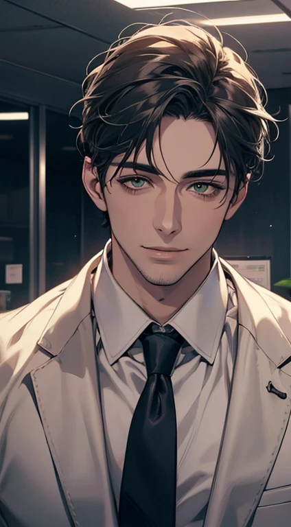 (Highest quality,4K,8K,High resolution,masterpiece:1.2),Super detailed,(Realistic,photoRealistic,photo-Realistic:1.37),1 person,34 years old,Mature Men,Beautiful skin、very handsome,Expressionless smile in love,Short white hair,green eyes,Sharp Eyes,A perfect face without a doubt,Businessman, CEO, Office Background,Cinema Lighting,HDR image,tie、
