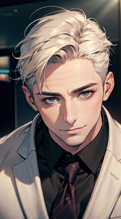 (Highest quality,4K,8K,High resolution,masterpiece:1.2),Super detailed,(Realistic,photoRealistic,photo-Realistic:1.37),1 person,34 years old,Mature Men,Beautiful skin、very handsome,Expressionless smile in love,Short white hair,green eyes,Sharp Eyes,A perfect face without a doubt,Businessman, CEO, Office Background,Cinema Lighting,HDR image,tie、