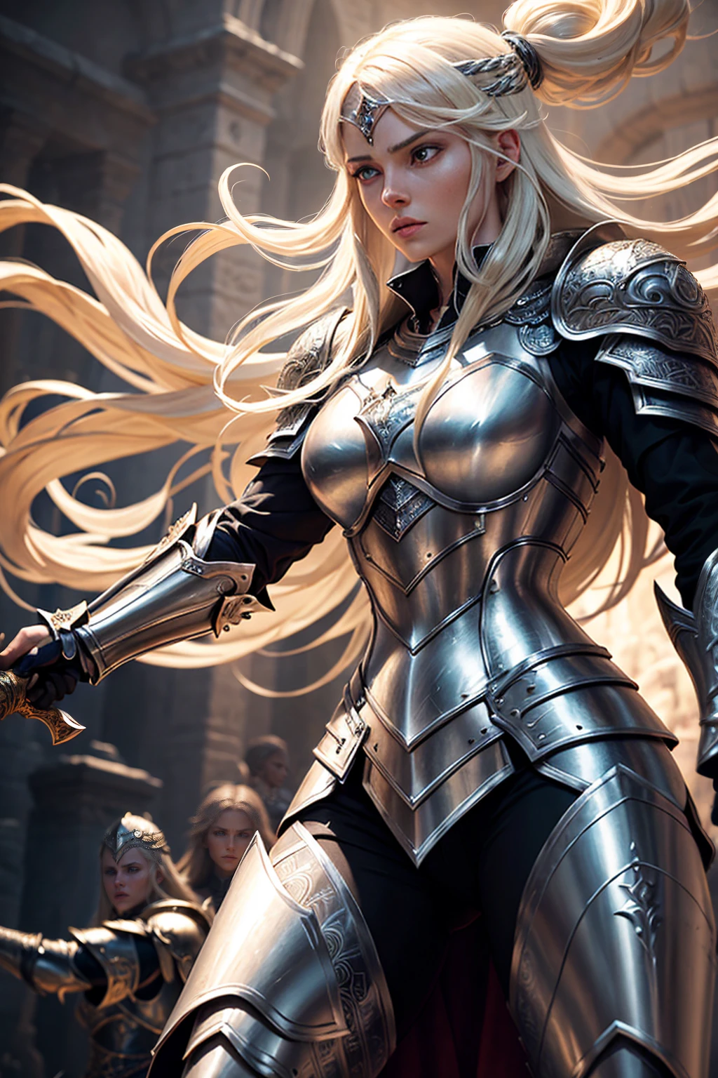 a white woman with long blonde hair, wearing silver armor, holding a sword, fighting against an african woman warrior, detailed anatomy, highly detailed, intricate armor and clothing textures, dramatic lighting, cinematic composition, epic fantasy, intense action, vibrant colors