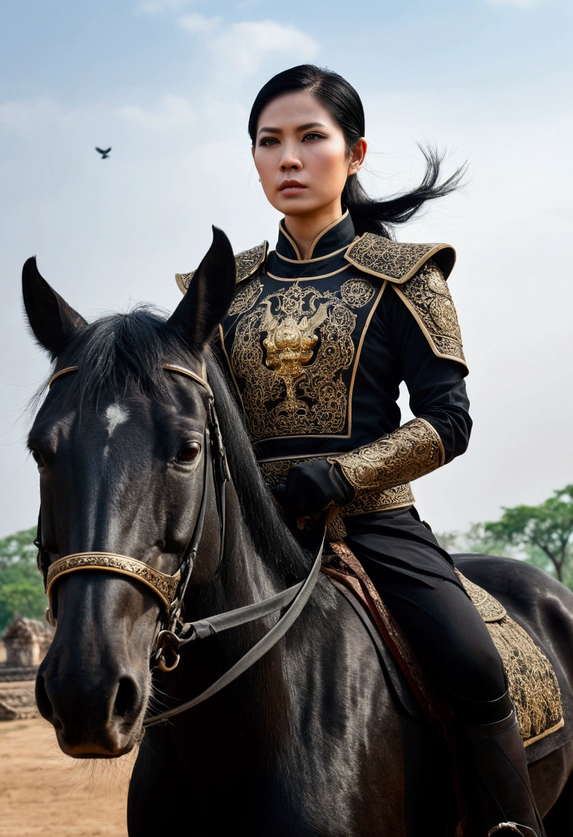 Vertical image, Thai female general with black hair, brown eyes, Has a tattoo of amulets and characters on his arm., She wore dark black armor., Holding a sword in a scabbard with an exquisite Thai pattern., She is on a black horse., There was an army in black riding on black horses following her., The background is an ancient ruin and smoke., There is a flock of crows in the sky. The mood of the picture is full of strength and fierceness.