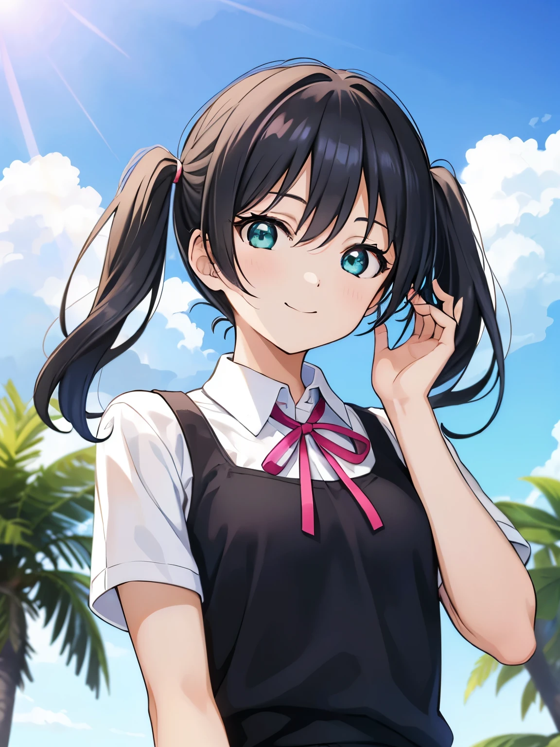 (Highest quality, Tabletop:1.2), One Girl, alone, (Upper Body:1.2),  View your viewers, Are standing, smile, sunlight, Lens flare, Light on the face, Sky Porn, blue sky, Sitting, Glow Eyes, From below, Mouth closed, 美しいblue sky,
takasaki yuu, Nijigasaki Academy uniform, Multicolored Hair, Green Eyes, Black knee socks, Twin tails, Black Hair, Short sleeve,  Summer uniform, Pink Neck Ribbon, Hair between the eyes, chest,  (Perfect hands, Perfect Anatomy), I'm smiling at you、 (Perfect hands, Perfect Anatomy),