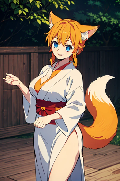 ((Best Quality)), ((masterpiece)), (detailed), 1 girl, Orange hair, long hair up, fox ears, clear skin, blue eyes, big breasts, wide thighs, white kimono with red flowers, Fox tail, happy expression, short stature, at home, in the backyard