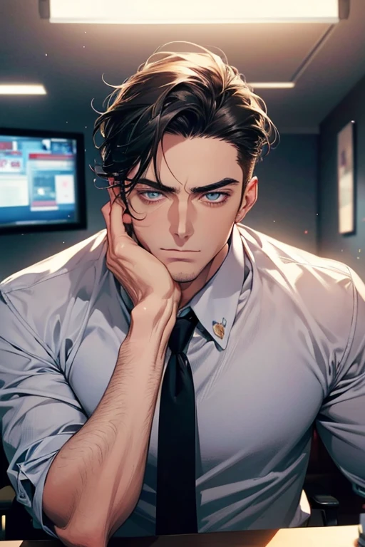 (Best Quality,4k,8k,high resolution,Masterpiece:1.2),ultra detailed,(realist,photorealist,photo-realist:1.37),1 man,31 years,mature man,very handsome,without expresion,muscled body,short gray black hair,Blue eyes,glare,perfect face without mistakes,imposing posture,businessman,office background,cinematic lighting,imagen HDR