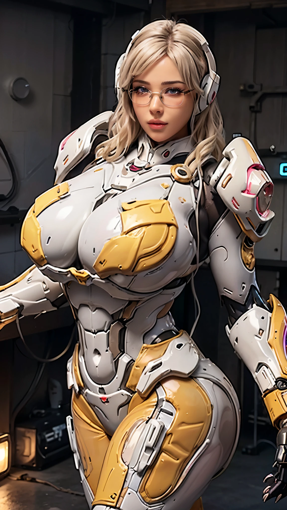 Cosplayer_Queen, CLOSE UP UPPER BODY,solo, COWBOY SHOT, ((GLASSES, MECHANICAL HEADPHONE, CAUCASIAN BLONDE WAVY HAIR;1.5)), (GIGANTIC FAKE BREASTS, CLAEVAGE,11 LINE ABS:1.5), (SKINTIGHT FUTURISTIC MECHA BODY ARMOR OVERWATCH, ROYAL LONG CLOAK, SKINTIGHT YOGA PANTS:1.5), (MUSCULAR BODY SHAPE:1.5), (CLEAN GLOSSY BODYSKIN:1.5), (LOOKING AT VIEWER:1.6), (BACKGROUND FUTURISTIC SPACE STATION:1), (Photorealsitic:1.4), (Ultra-detail), (TOP-QUALITY), (BEST SHADOWS), BRIGHT LIGHT IN ROOM, HYPER TEXTURE, (4X MSAA), ((UNREAL ENGINE 5 RENDER)), (NEON), PHYSICALLY-BASED RENDERING, ULTRA HIGHT DEFINITION, 16K, 1080P.