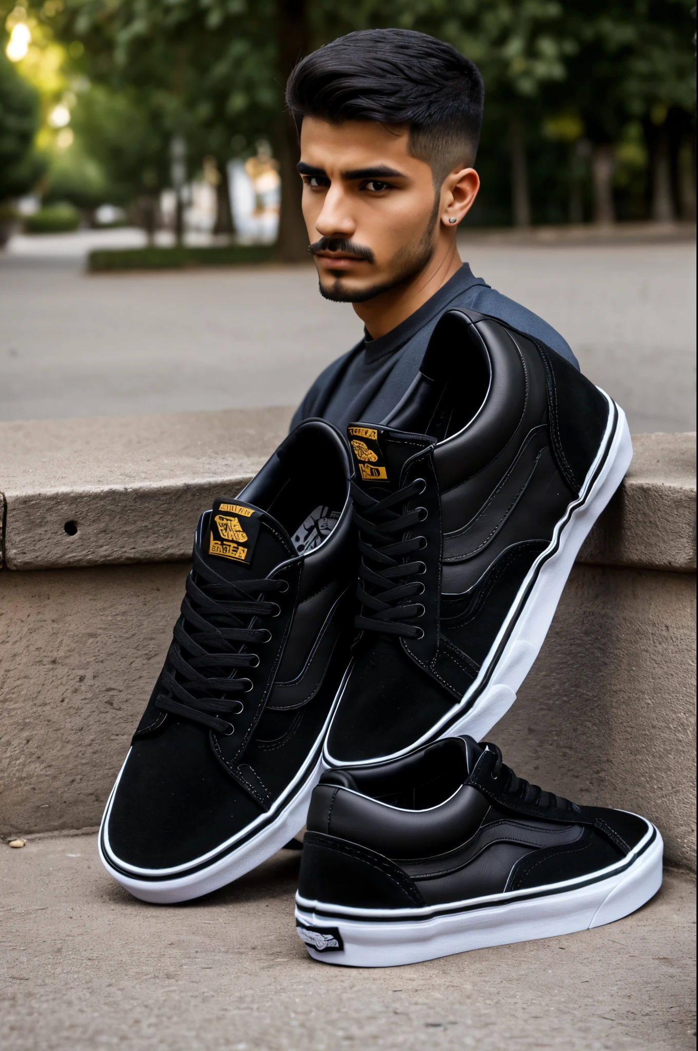 A man from Cordoba with a mole near his lips wearing black Vans sneakers