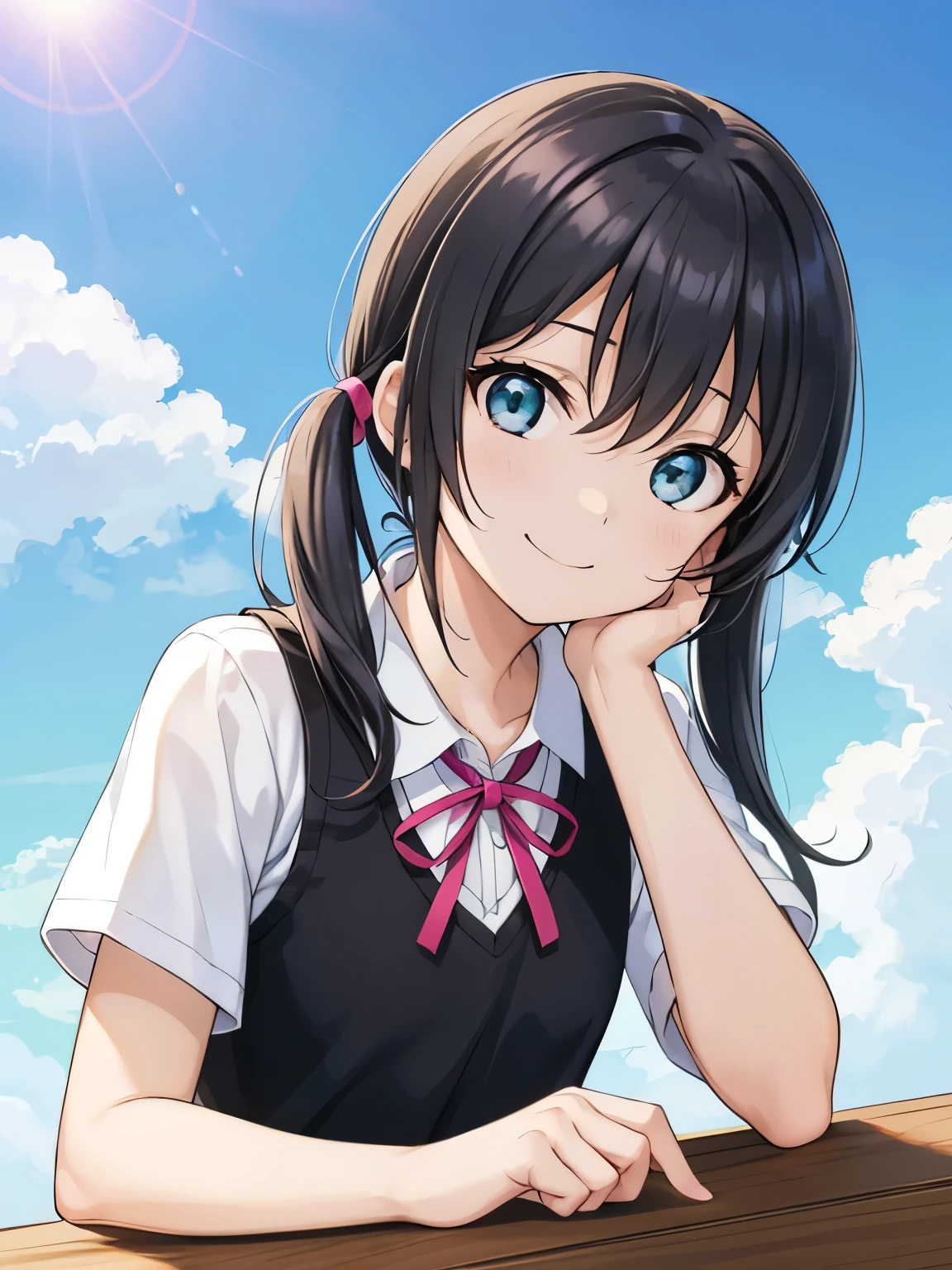 (Highest quality, Tabletop:1.2), One Girl, alone, (Upper Body:1.2),  View your viewers, Are standing, smile, sunlight, Lens flare, Light on the face, Sky Porn, blue sky, Sitting, Glow Eyes, From below, Mouth closed, 美しいblue sky,
takasaki yuu, Nijigasaki Academy uniform, Multicolored Hair, Green Eyes, Black knee socks, Twin tails, Black Hair, Short sleeve,  Summer uniform, Pink Neck Ribbon, Hair between the eyes, chest,  (Perfect hands, Perfect Anatomy), I'm smiling at you、 (Perfect hands, Perfect Anatomy),