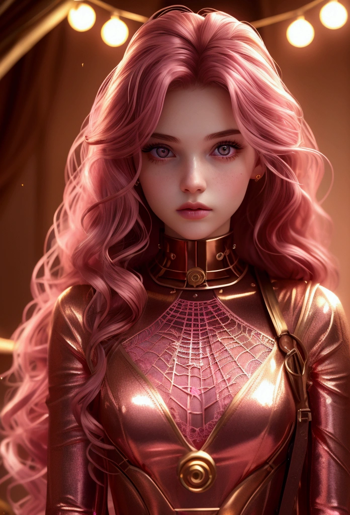 An 18 years old European girl with pale skin and long, wavy rose_gold hair. large and magenta colored eyes, full lips, with an adorable, and innocent face. She should have a happy expression, wearing a pink, gold, and rose gold colored dress, with an elegant and spider web lace theme, something that emphasizes her sweet and compassionate personality. Overall, her appearance would be striking, attracting curious looks. small chested, slender, petit, cinematic lighting, chromatic aberration, backlighting, masterpiece, high details, high quality, 4K.