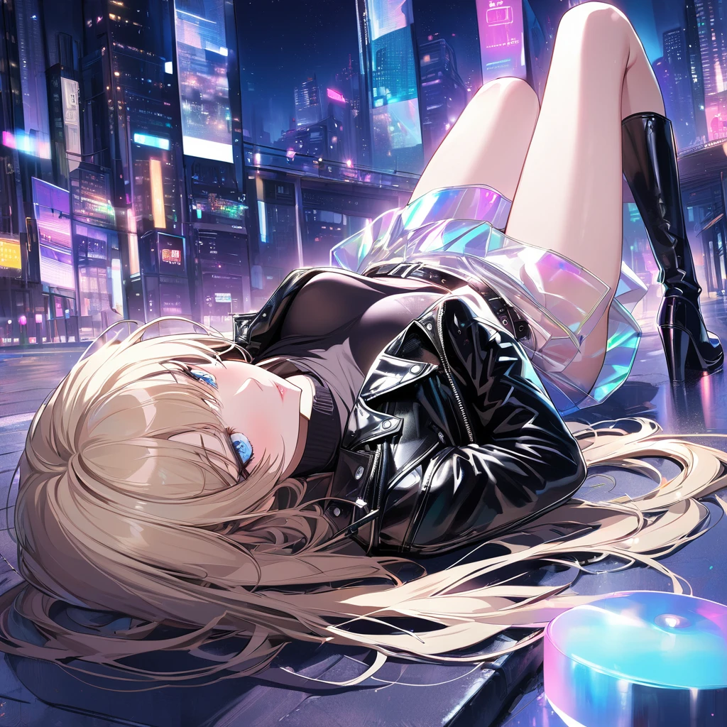 artwork, high quality, detailed background, girl, anime, blonde, long straight hair, light blue eyes,
on her back, wearing long black knee-high boots, transparent iridescent skirt, leather jacket,
in a city, night, colored lights