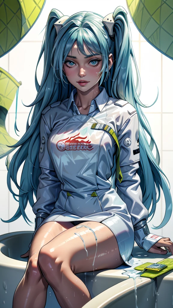 A beautiful woman wearing a bathroom uniform is taking a shower while sitting on a bathtub with buds flying and her wet hair ,Her clothes are stuck in the clothes hanger , Clear, high-quality image