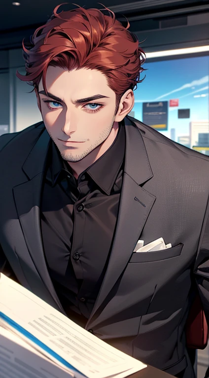 (best quality,4k,8k,highres,masterpiece:1.2),ultra-detailed,(realistic,photorealistic,photo-realistic:1.37),1 man,31 years old,mature man,very handsome,without expression,smile,short grey red hair,blue eyes,penetrating gaze,perfect face without errors,imposing posture,businessman,office background,cinematic lighting,hdr image