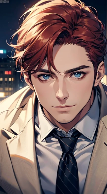 (best quality,4k,8k,highres,masterpiece:1.2),ultra-detailed,(realistic,photorealistic,photo-realistic:1.37),1 man,31 years old,mature man,very handsome,without expression,smile,short grey red hair,blue eyes,penetrating gaze,perfect face without errors,imposing posture,businessman,office background,cinematic lighting,hdr image