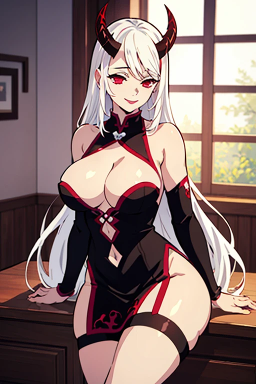 ((best quality)), ((masterpiece)), (detailed), 1 girl, long white hair, black horns, red eyes with hearts, big breasts, big thighs, black succubus tail, sonrisa seductora, vestido rojo provocativo, at home