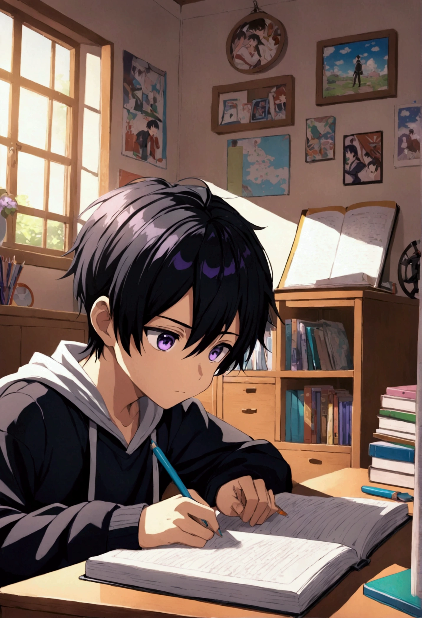 Anime boy with black hair and purple eyes in his room doing homework