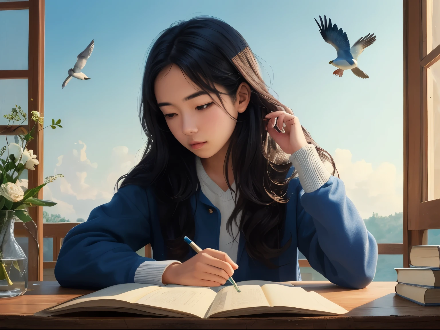 ((best quality)), ((masterpiece)), (detailed), A digital illustration of a long black haired age girl studying with a blue and white bird perched on her shoulder