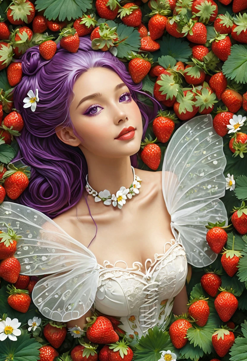 a portrait of a female fairy resting in a (field of strawberries: 1.3) extremely beautiful fairy, ((full body: 1.5)), ((anatomically correct: 1.5)), (ultra detailed face: 1.2),ultra feminine, busty, best detailed face, dynamic hair color, dynamic hair style dynamic skin complexion, shy smile, innocent smile, blue eyes, dark red lips, wearing ((white: 1.5)) lace dress, elegant dress, fairy dress, corset, dynamic elegant shirt, chocker, wearing high heels, spread large butterfly wings, (white and purple eyes: 1.3)in a (field of strawberries : 1.3), field of strawberries background, vibrant, Ultra-high resolution, High Contrast, (masterpiece:1.5), highest quality, Best aesthetics), best details, best quality, highres, 16k, (ultra detailed: 1.5), masterpiece, best quality, (extremely detailed) RAW, (ultra details, Masterpiece, best quality), Hyperrealism style,DonMF41ryW1ng5XL, ZipFile Comi Style