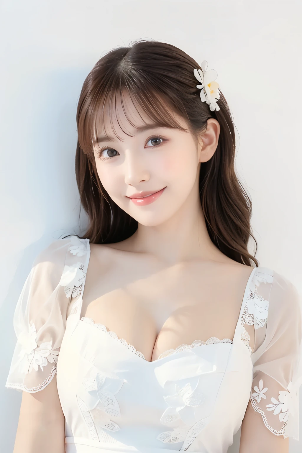 (Highest quality、Tabletop、8k、Best image quality、Award-winning works)、One cute girl、Elegant and beautiful medium length hair、(Bright white skin:1.3)、(Perfect white floral lace see-through dress:1.3)、(Very bright:1.1)、Bright and glowing skin、(Leaning against the simplest white wall:1.4)、Face close-up、Beautiful clavicle、Perfect Makeup、Lustrous and bright lips、Accurate anatomy、Ultra-high definition beauty face、Ultra HD Hair、Super high quality sparkling eyes、(Ultra-high resolution glossy skin:1.1)、Super high quality glossy lip、Look straight ahead、Large Breasts、Cleavage、Biggest Smile、Very cute and young face