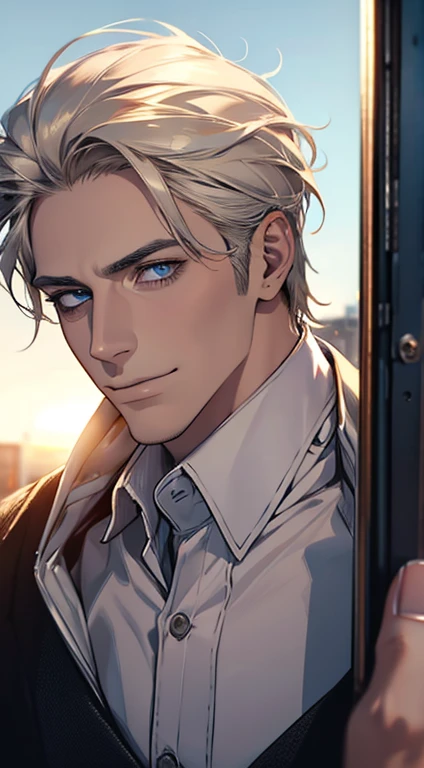 (best quality,4k,8k,highres,masterpiece:1.2),ultra-detailed,(realistic,photorealistic,photo-realistic:1.37),1 man,31 years old,mature man,very handsome,without expression,smile,short grey golden hair,blue eyes,penetrating gaze,perfect face without errors,imposing posture,businessman,office background,cinematic lighting,hdr image