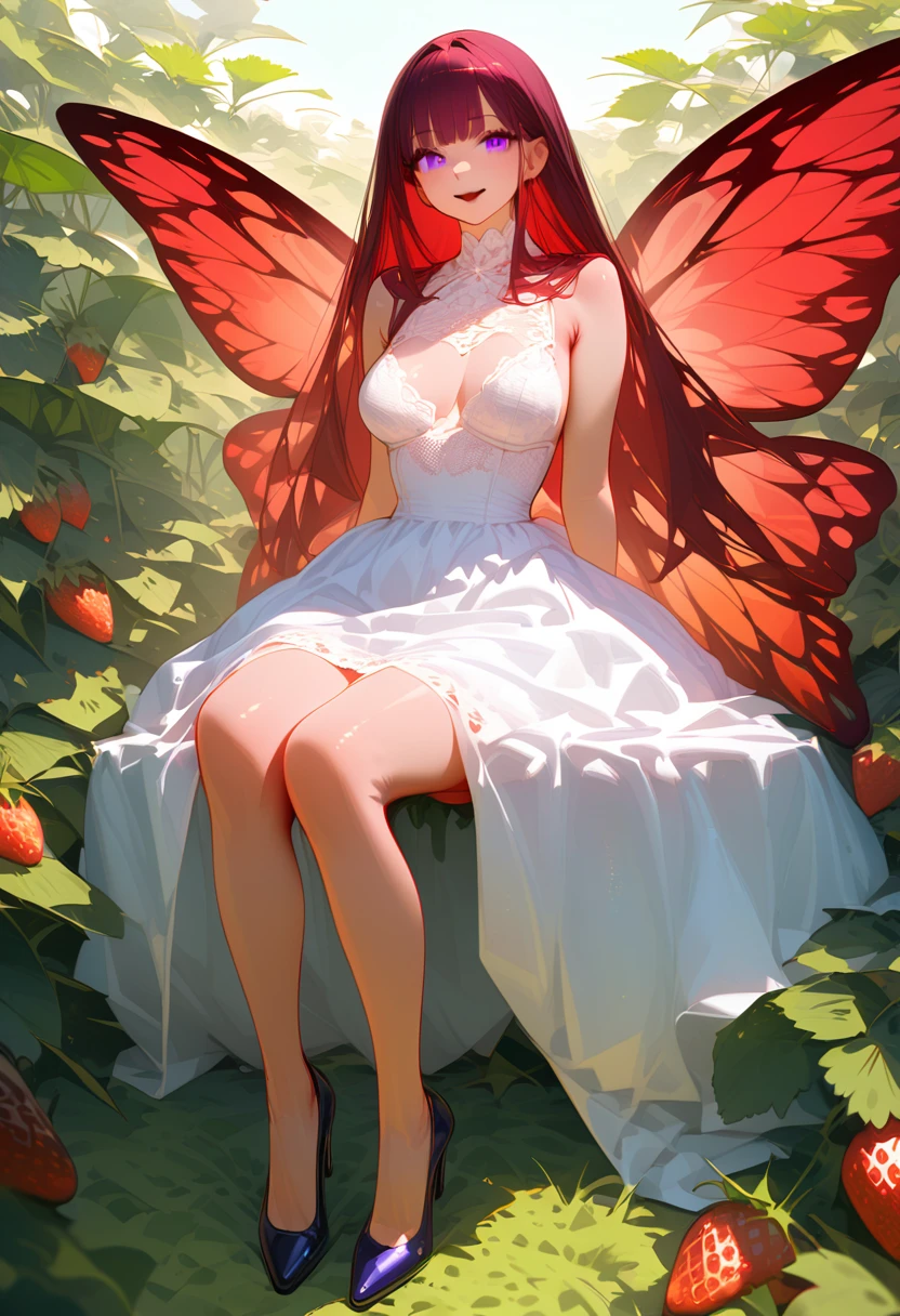 a portrait of a female fairy resting in a (field of strawberries: 1.3) extremely beautiful fairy, ((full body: 1.5)), ((anatomically correct: 1.5)), (ultra detailed face: 1.2),ultra feminine, busty, best detailed face, dynamic hair color, dynamic hair style dynamic skin complexion, shy smile, innocent smile, blue eyes, dark red lips, wearing ((white: 1.5)) lace dress, elegant dress, fairy dress, corset, dynamic elegant shirt, chocker, wearing high heels, spread large butterfly wings, (white and purple eyes: 1.3)in a (field of strawberries : 1.3), field of strawberries background, vibrant, Ultra-high resolution, High Contrast, (masterpiece:1.5), highest quality, Best aesthetics), best details, best quality, highres, 16k, (ultra detailed: 1.5), masterpiece, best quality, (extremely detailed) RAW, (ultra details, Masterpiece, best quality), Hyperrealism style,DonMF41ryW1ng5XL, ZipFile Comi Style