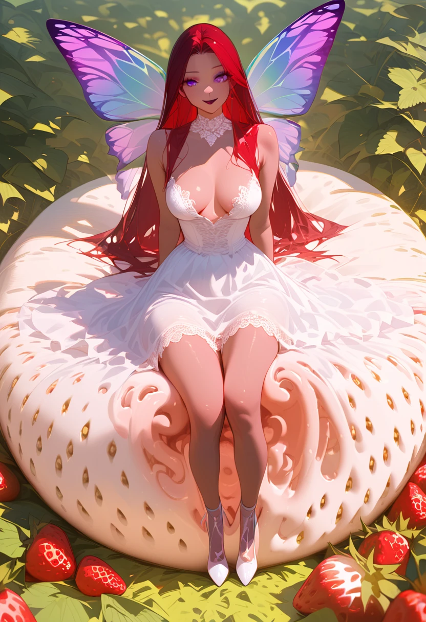 a portrait of a female fairy resting in a (field of strawberries: 1.3) extremely beautiful fairy, ((full body: 1.5)), ((anatomically correct: 1.5)), (ultra detailed face: 1.2),ultra feminine, busty, best detailed face, dynamic hair color, dynamic hair style dynamic skin complexion, shy smile, innocent smile, blue eyes, dark red lips, wearing ((white: 1.5)) lace dress, elegant dress, fairy dress, corset, dynamic elegant shirt, chocker, wearing high heels, spread large butterfly wings, (white and purple eyes: 1.3)in a (field of strawberries : 1.3), field of strawberries background, vibrant, Ultra-high resolution, High Contrast, (masterpiece:1.5), highest quality, Best aesthetics), best details, best quality, highres, 16k, (ultra detailed: 1.5), masterpiece, best quality, (extremely detailed) RAW, (ultra details, Masterpiece, best quality), Hyperrealism style,DonMF41ryW1ng5XL, ZipFile Comi Style