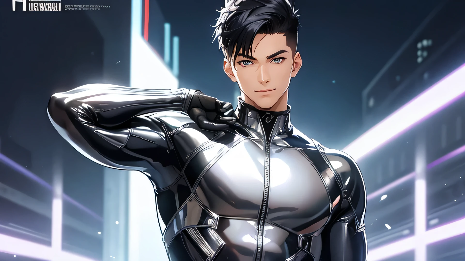 Handsome Japanese male models　　22 years old　smile　　　Black Hair　　Short cut　Shaved head　smile　looking at the camera　　　　　Shiny full-body silver suit　　　Shiny silver latex suit　Mega Bulge　smile　looking at the camera