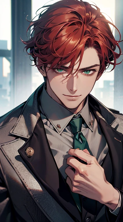 (best quality, masterpiece, 8K, photorealistic, cinematic lighting, hdr image, ultra detailed, beautiful image), a mature man, very handsome, smile, short grey red hair, green eyes, perfect face without errors, ((buttoning the jacket, CEO))