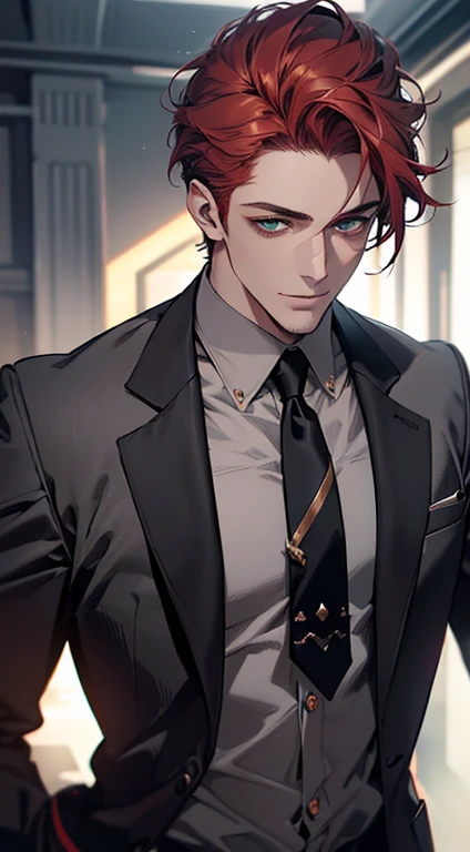 (best quality, masterpiece, 8K, photorealistic, cinematic lighting, hdr image, ultra detailed, beautiful image), a mature man, very handsome, smile, short grey red hair, green eyes, perfect face without errors, ((buttoning the jacket, CEO))
