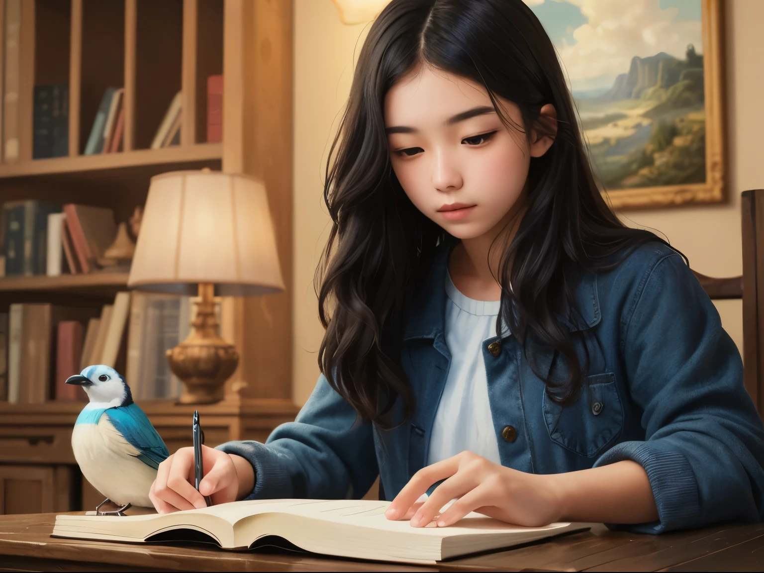 ((best quality)), ((masterpiece)), (detailed), A digital illustration of a long black haired teenage girl studying with a blue and white bird perched on her shoulder