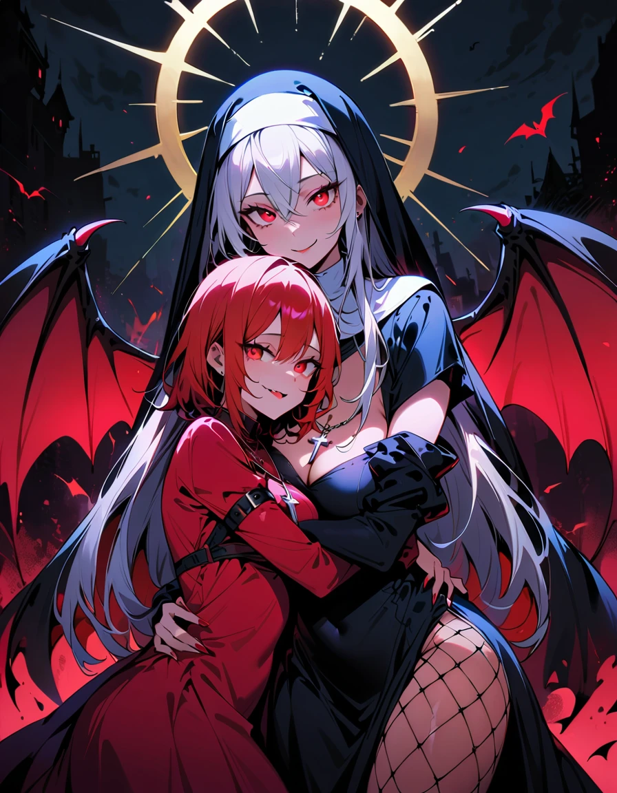 two beautiful mature women,sisters,(detailed description,incredibly absurd,high resolution,8K wallpapers,masterpiece,best quality,depth of area,Anatomically accurate depiction),(glowing skin,spread),((A succubus disguised as a nun)),(fishnet stockings,Little Devil's Wings),Eyelashes,(shining red eyes,eyes of madness,Inverted cross necklace,evil smile,Two people embracing and seducing each other),(whole body), targeting the viewer, looking at the viewer,
