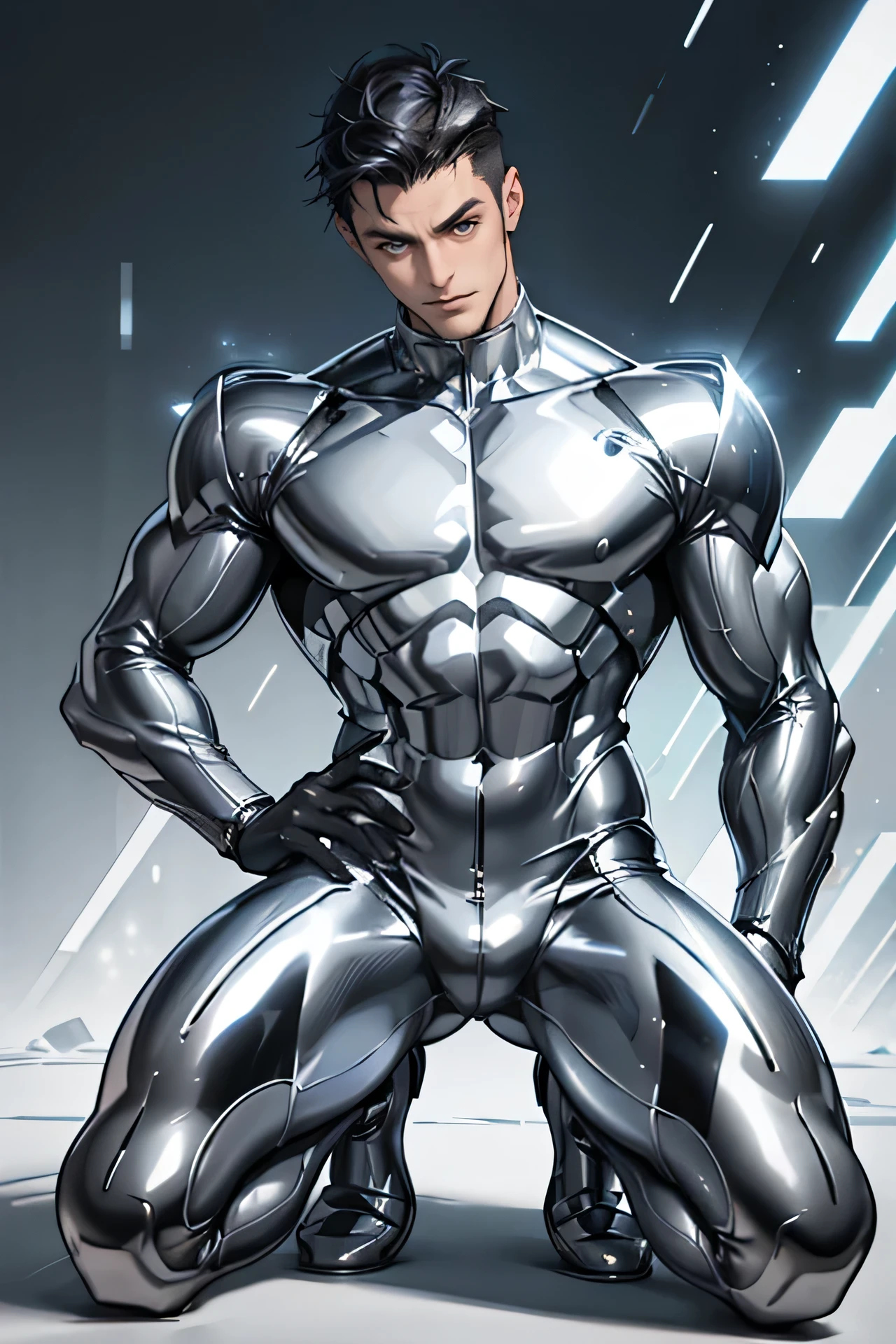 Handsome Japanese male models　　Tough　Rugged　 Fierce　Black Hair　　Short cut　　smile　looking at the camera　　　 　Mega Bulge　　　　Shiny full-body silver suit　　　Shiny silver latex suit　Black Hair　Adult man　　　squat　Get down on one knee　

