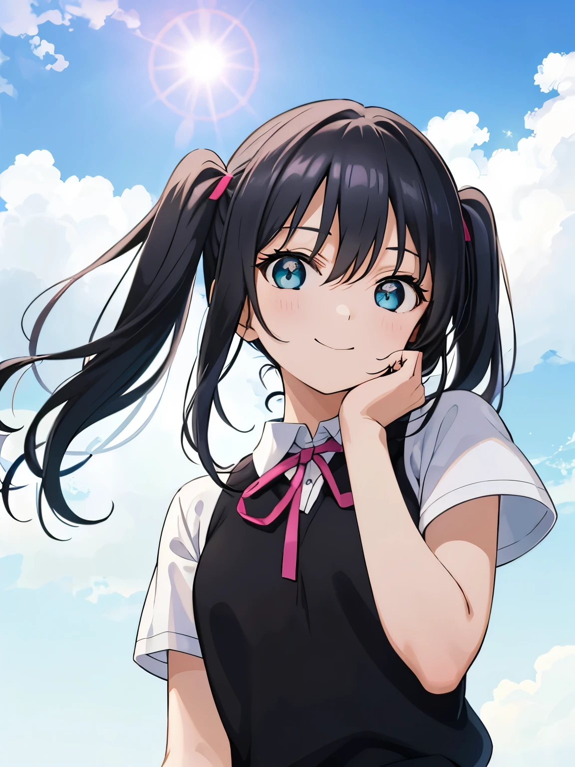 (Highest quality, Tabletop:1.2), One Girl, alone, (Upper Body:1.2),  View your viewers, Are standing, smile, sunlight, Lens flare, Light on the face, Sky Porn, blue sky, Sitting, Glow Eyes, From below, Mouth closed, 美しいblue sky,
takasaki yuu, Nijigasaki Academy uniform, Multicolored Hair, Green Eyes, Black knee socks, Twin tails, Black Hair, Short sleeve,  Summer uniform, Pink Neck Ribbon, Hair between the eyes, chest,  (Perfect hands, Perfect Anatomy), I'm smiling at you、 (Perfect hands, Perfect Anatomy),