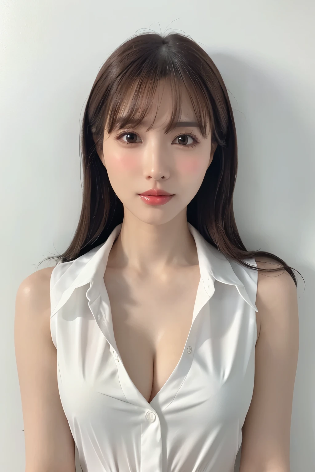 (Highest quality、Tabletop、8k、Best image quality、Award-winning works)、One beautiful mature woman、Elegant and beautiful medium length hair、(Large Breasts:1.3)、(Bright white skin:1.3)、(Perfect white polyester sleeveless open shirt:1.5)、(The perfect sleeveless open collar shirt:1.2)、(Button-up shirt:1.4)、(Very bright:1.3)、Bright and shiny shirt、(Leaning against the simplest white wall:1.4)、Face close-up、Beautiful clavicle、(Cleavage:1.3)、Perfect Makeup、Lustrous and bright lips、Accurate anatomy、Ultra-high definition beauty face、Ultra HD Hair、Super high quality sparkling eyes、(Ultra-high resolution glossy skin:1.1)、Super high quality glossy lip、Look straight ahead