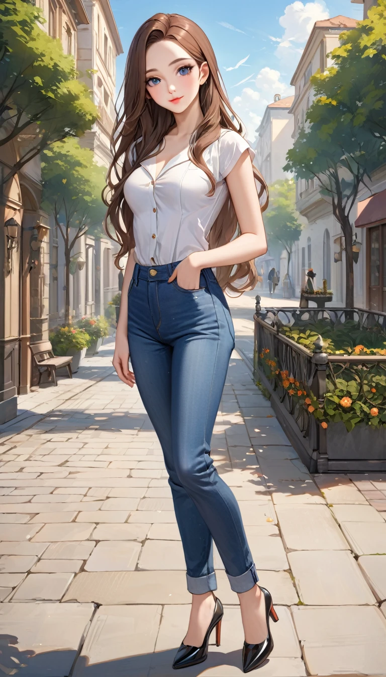 ((best quality, masterpiece:1.3, 8K)), (detailed), highly detailed face and skin texture, detailed eyes, full body, outdoor, (slender body:1.1), 1girl, (solo), (18+ years old), white skin, bright lips, seductive smile, long hair, forehead, brown hair, classy outfit, medium breast, (jeans pants),
