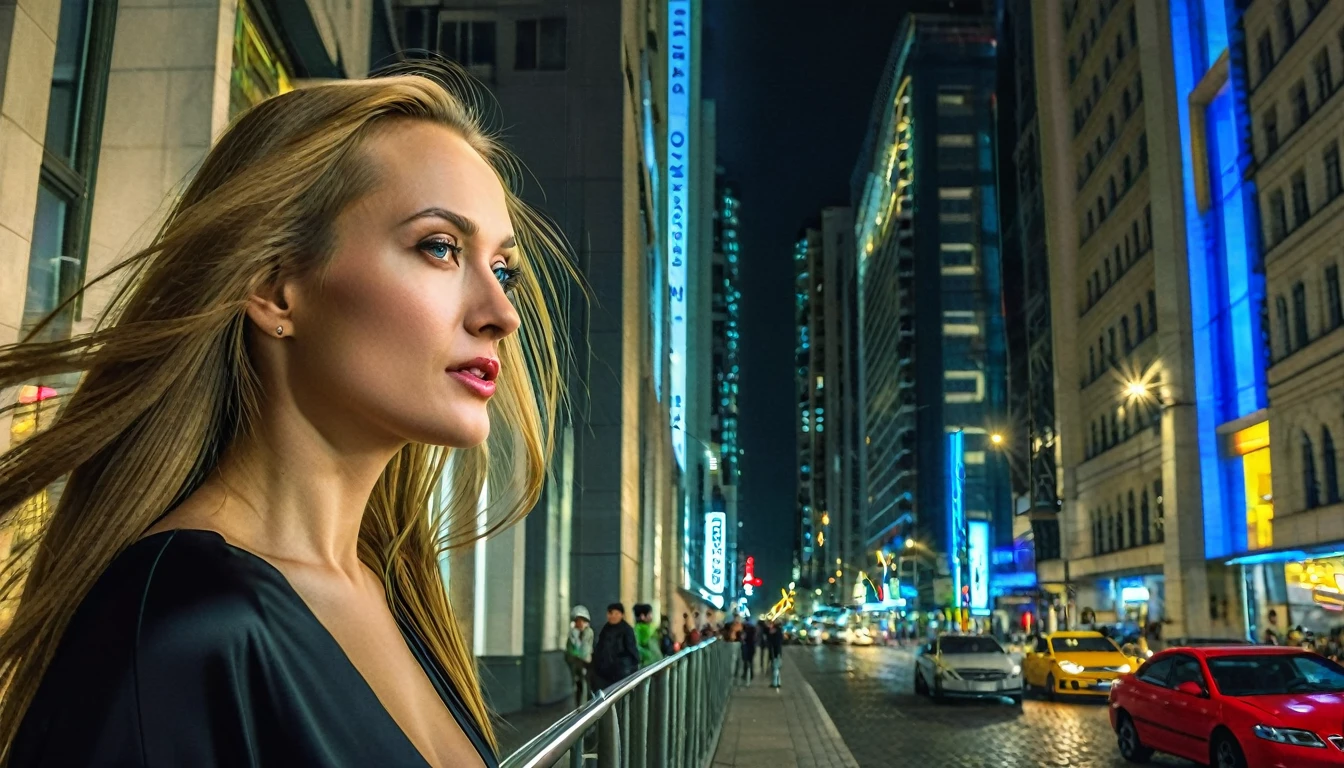 12k HDR of a metropolis with tall buildings, looking sideways, a Russian woman of unprecedented beauty, light makeup, stunning with long hair, busy streets, shot at a right angle, around her, modern cars and well-lit streets. The image should convey the vibrancy and charm of a big city at night