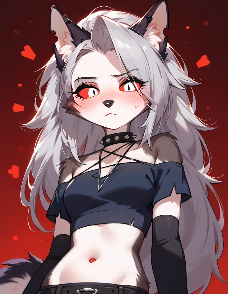 score_9, score_8_up, score_7_up, score_6_up, safe content, by vivzmind, mammal, canid, canid demon, demon, canine, anthro, female, fur, solo, hair, white body, white fur, helluva boss, holidays, hellhound, loona, red sclera, top, white eyes, midriff, blush, shy, embarrassed,