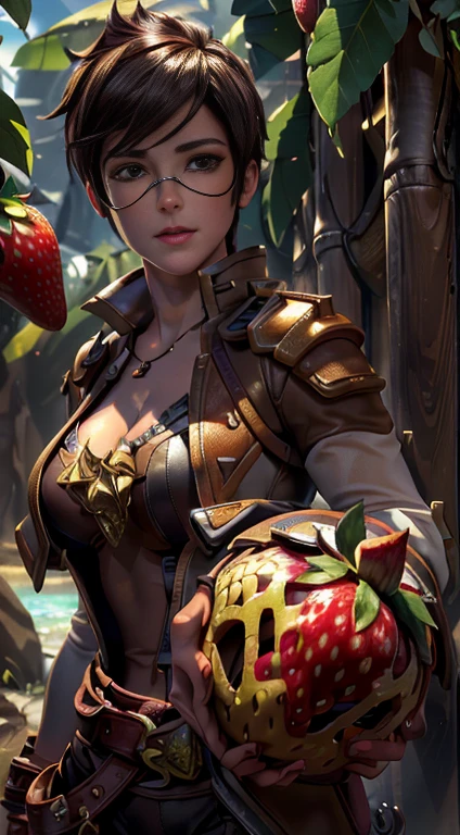 Masterpiece, Best Quality, Super Detailed, High Definition, Expensive Resolution, HDR, Super Detailed CG, Beautiful Details, Depth, Fine Texture, Super Fine, Complete concentration, (Tracer), sexy, pale skin, brown eyes, smirk, (holding a giant strawberry), vibrant colors, detailed eyes, highly detailed, fine detail, intricate details, volumetric lighting, 