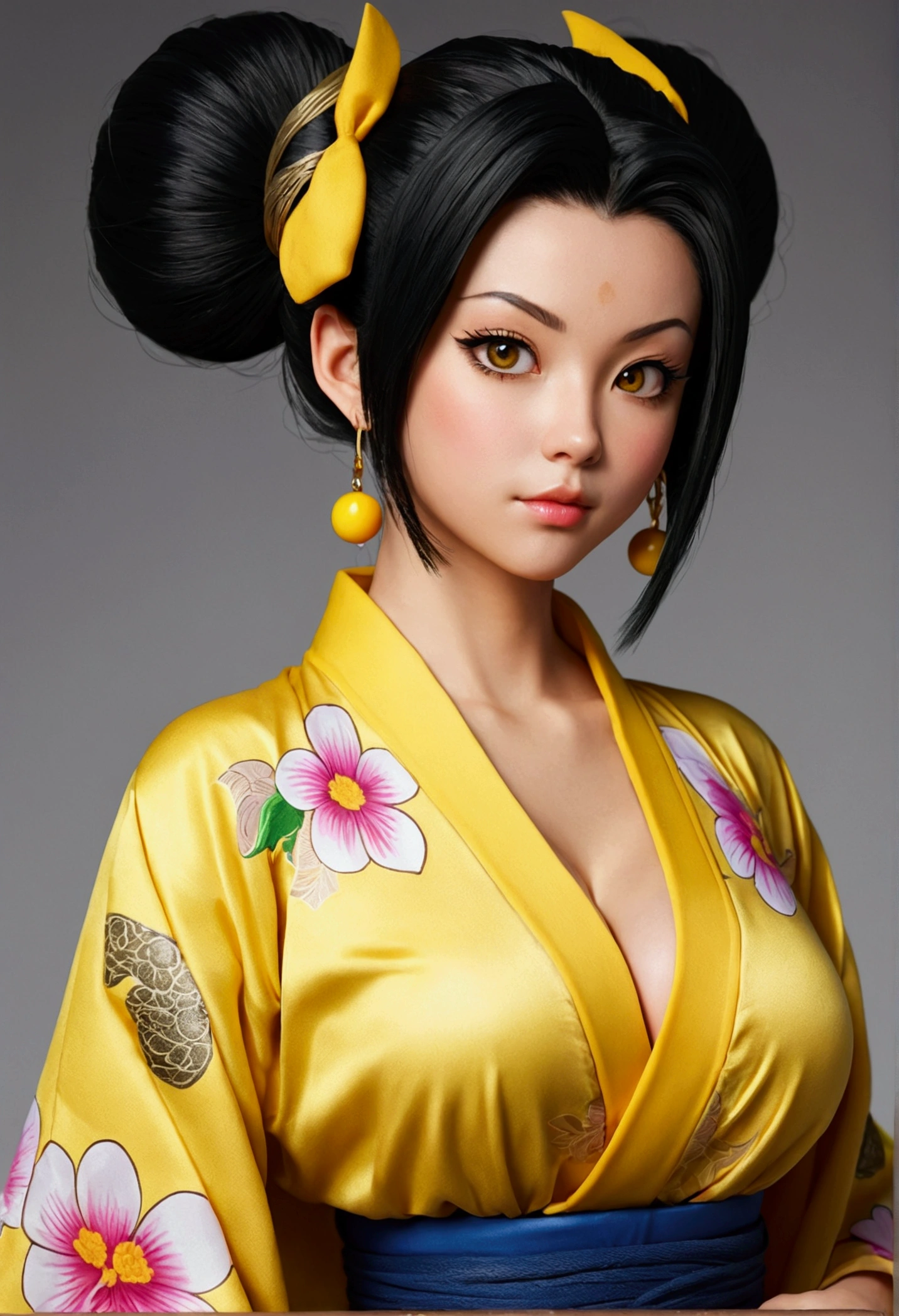 Woman based on the Dragon Ball style, Chichi character, black hair up, yellow kimono, her cleavage is noticeable, her cleavage is noticeable, sexy