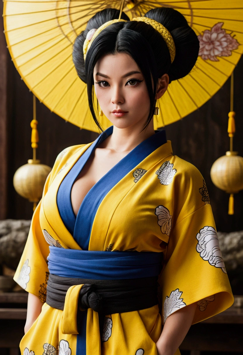 Woman based on the Dragon Ball style, Chichi character, black hair up, yellow kimono, her cleavage is noticeable, her cleavage is noticeable, sexy
