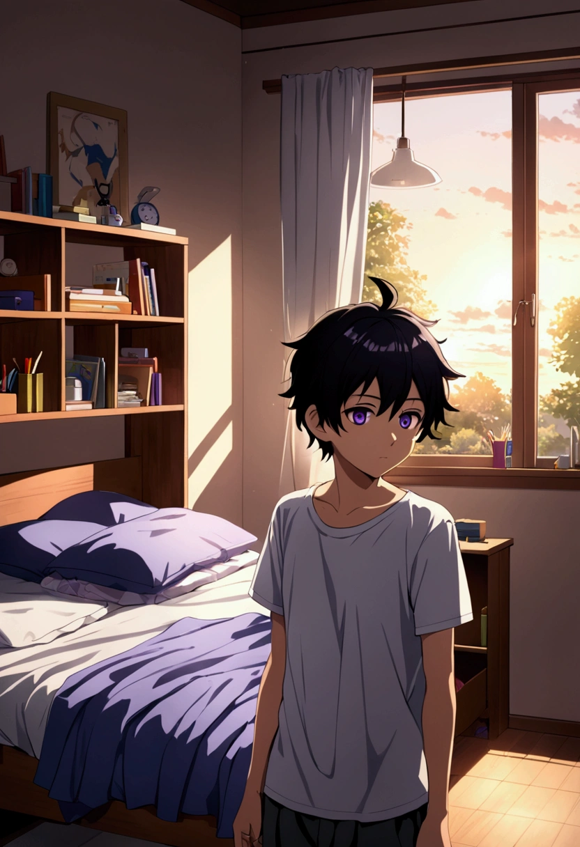 Anime boy with black hair and purple eyes in his room waking up, getting ready for school 