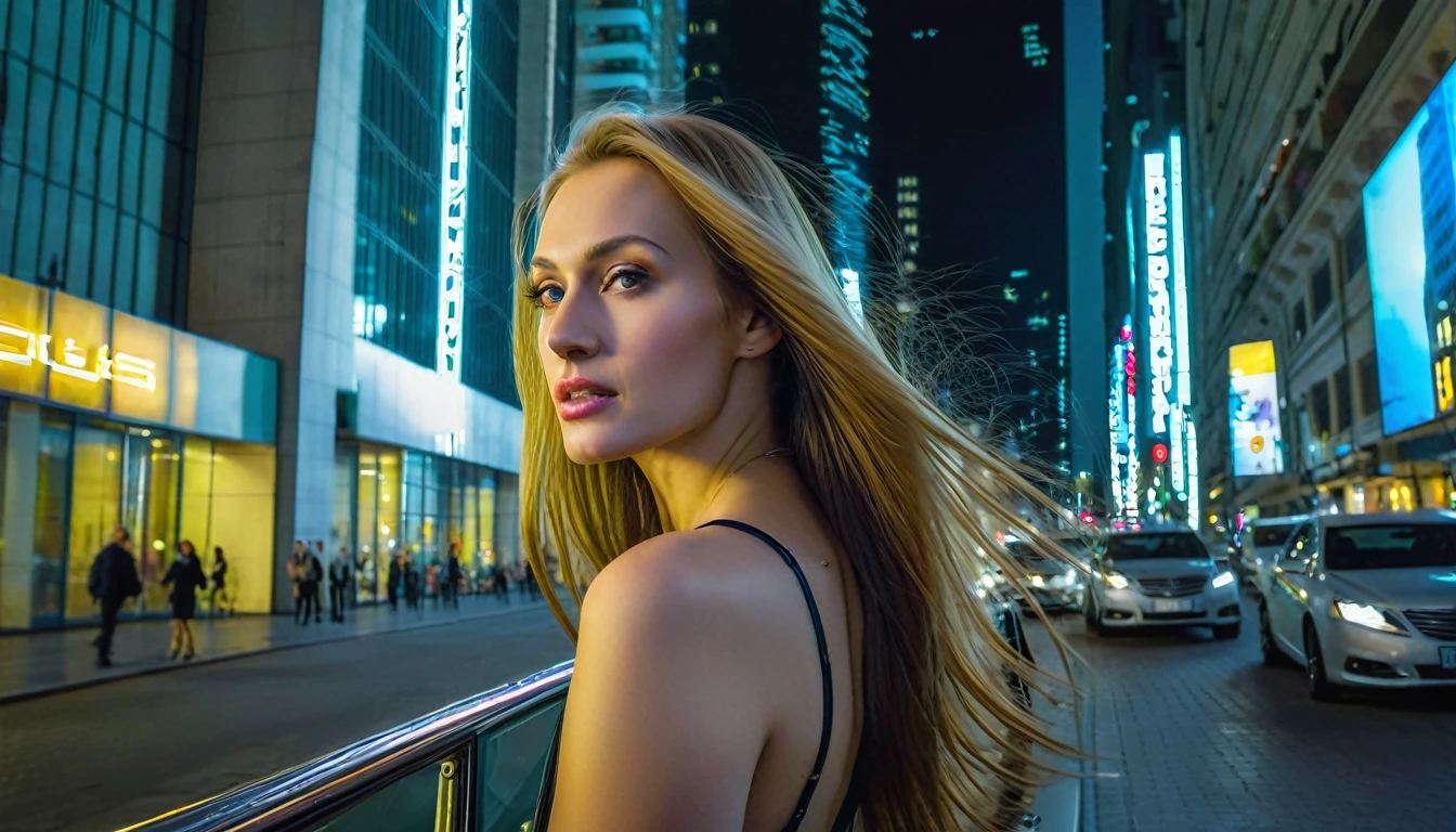 12k HDR of a metropolis with tall buildings, looking sideways, a Russian woman of unprecedented beauty, light makeup, stunning with long hair, busy streets, shot at a right angle, around her, modern cars and well-lit streets. The image should convey the vibrancy and charm of a big city at night