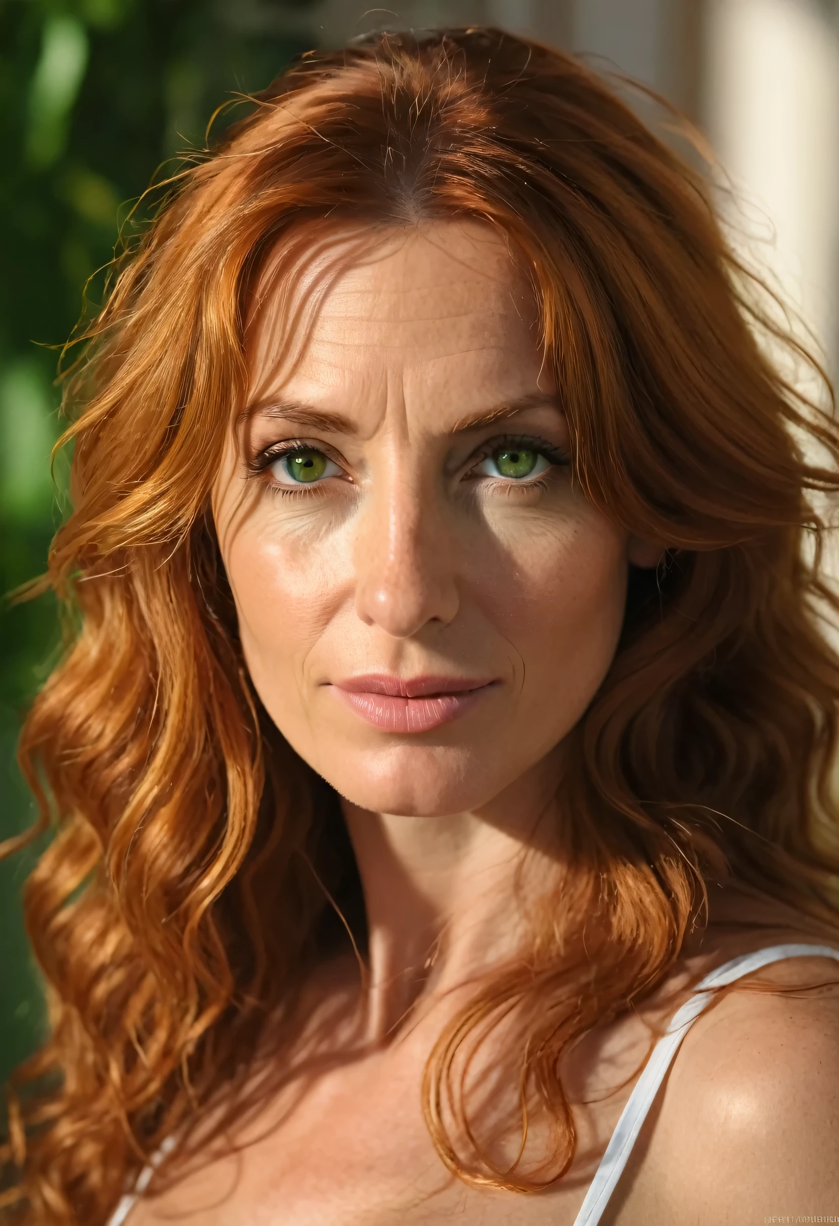 A photorealistic portrait of a 45-year-old italian girl with long, flowing ginger hair and striking green eyes. She should have a sexy, slutty expression and be illuminated by soft, golden-hour sunlight. The background should be a scenic indoor setting, chamber. Capture this image with a high-resolution photograph using an 85mm lens for a flattering perspectiv**