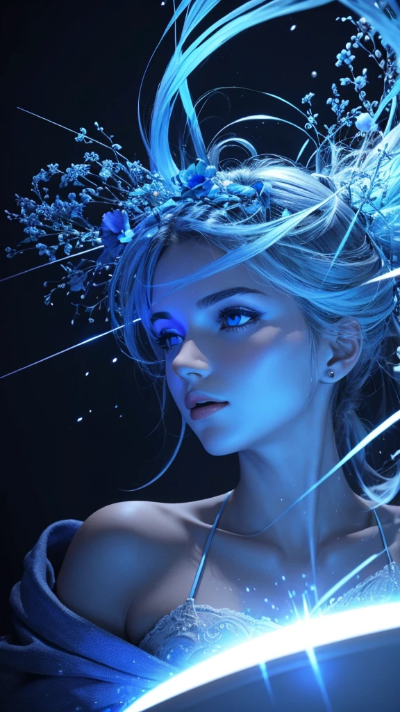 jeu de lumière avec des couleurs bleues, particules, image 3d